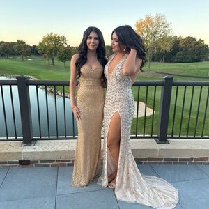 JOVANI Elegant Gold and Cream Evening Gown (dress on the right)